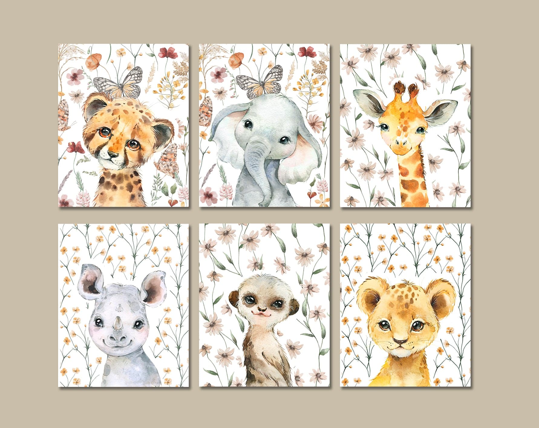 Pine Stretched  Framed 6 Panels - Kids Room - A Set of Cute Little Africa Animals