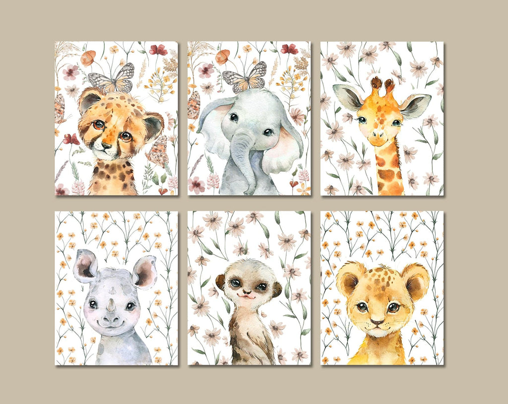 Pine Stretched  Framed 6 Panels - Kids Room - A Set of Cute Little Africa Animals