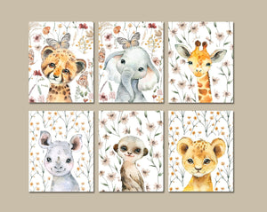 Pine Stretched  Framed 6 Panels - Kids Room - A Set of Cute Little Africa Animals