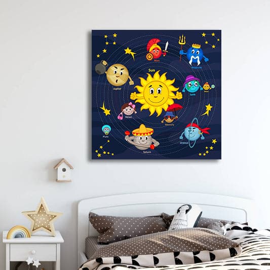 Pine Stretched  Framed 1 Panel - Kids Room - Solar System