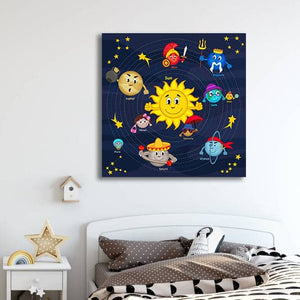 Pine Stretched  Framed 1 Panel - Kids Room - Solar System
