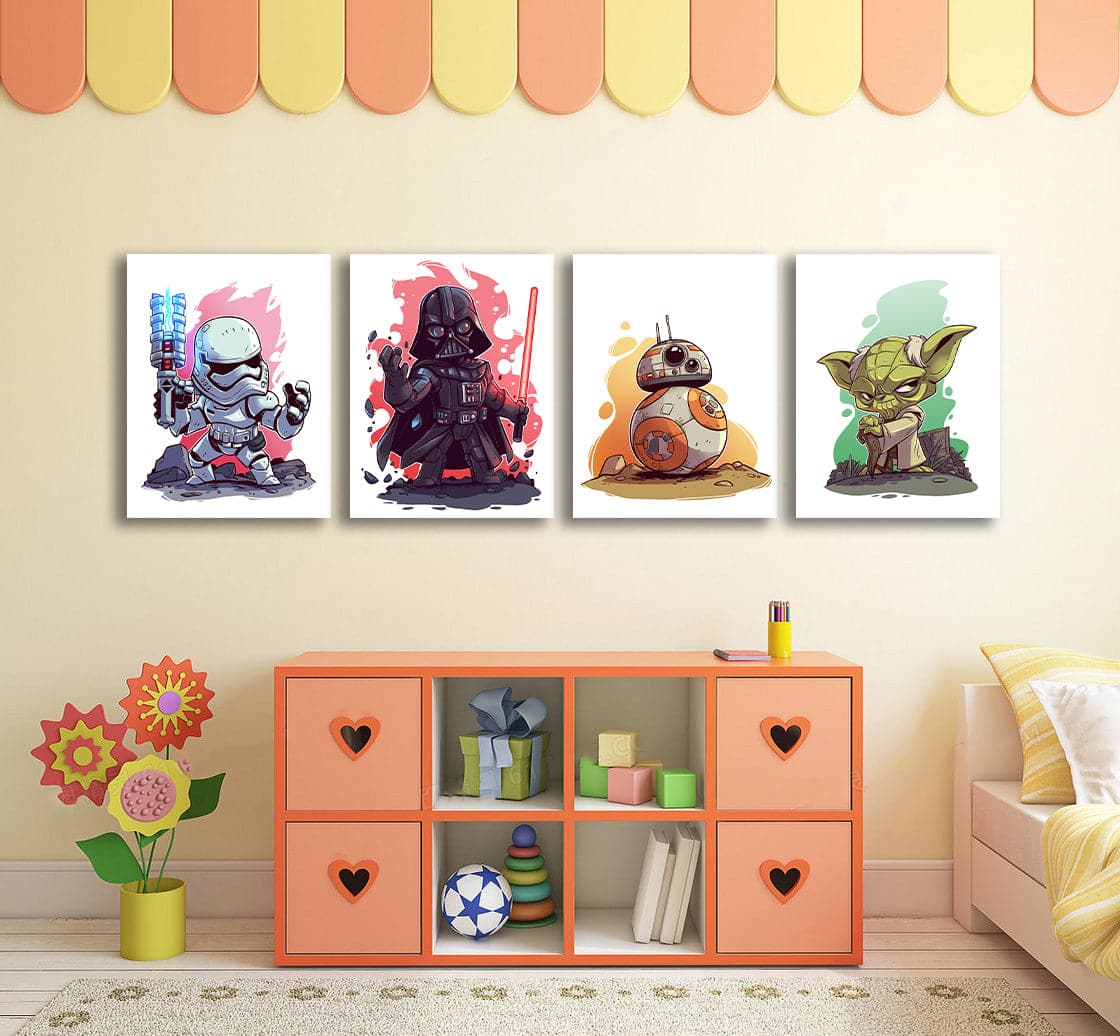 Framed 4 Panels - Kids Room - A Set of Cute Star Wars Characters
