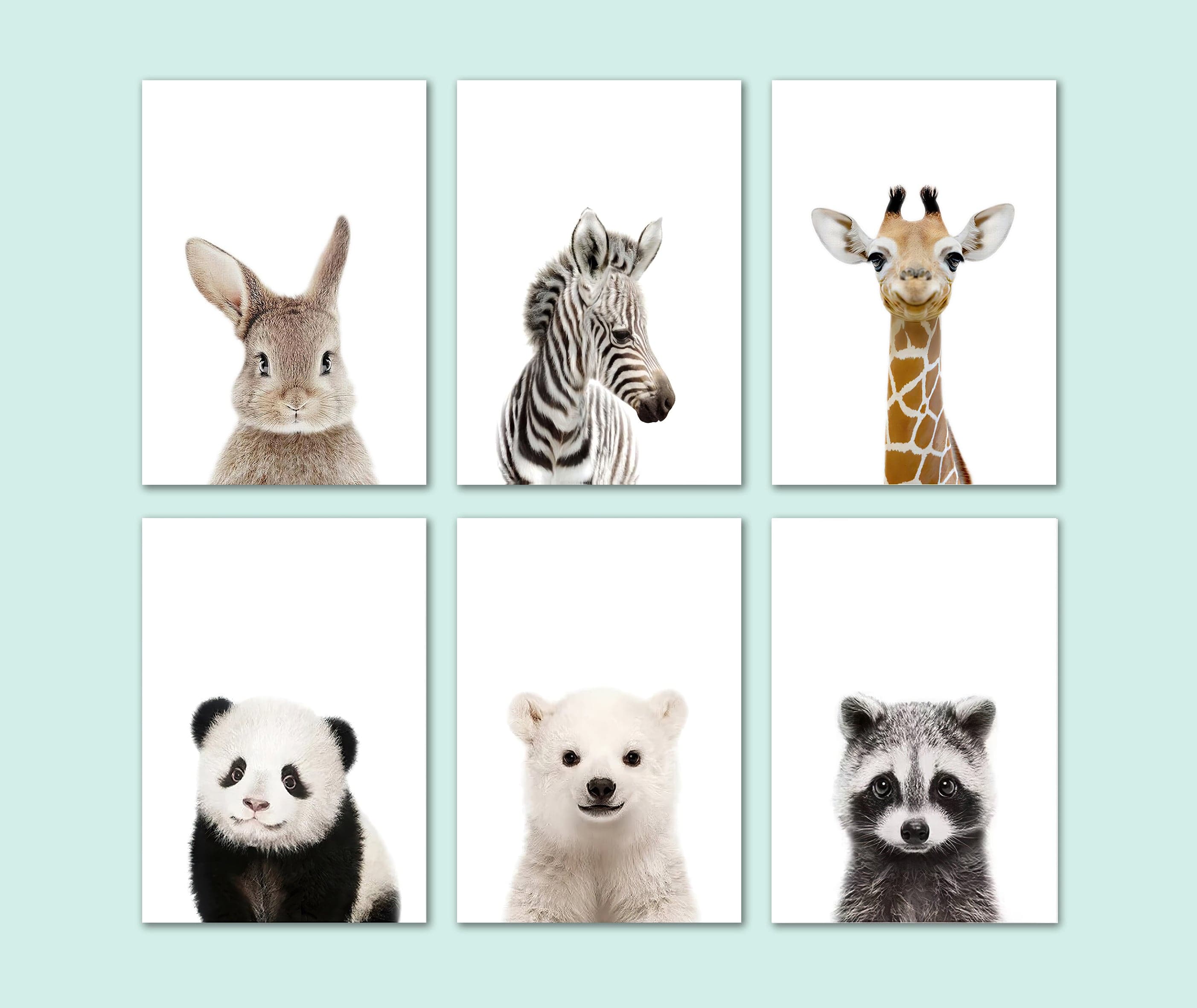 Pine Stretched  Framed 6 Panels - Kids Room - Set of Cute Animals