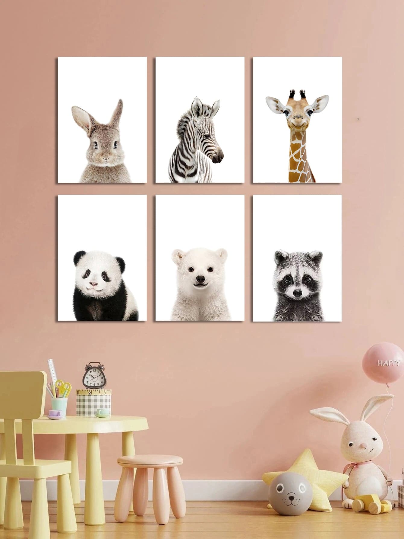 Pine Stretched  Framed 6 Panels - Kids Room - Set of Cute Animals