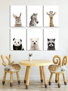 Pine Stretched  Framed 6 Panels - Kids Room - Set of Cute Animals