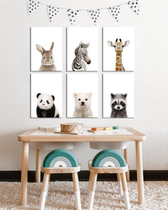 Pine Stretched  Framed 6 Panels - Kids Room - Set of Cute Animals