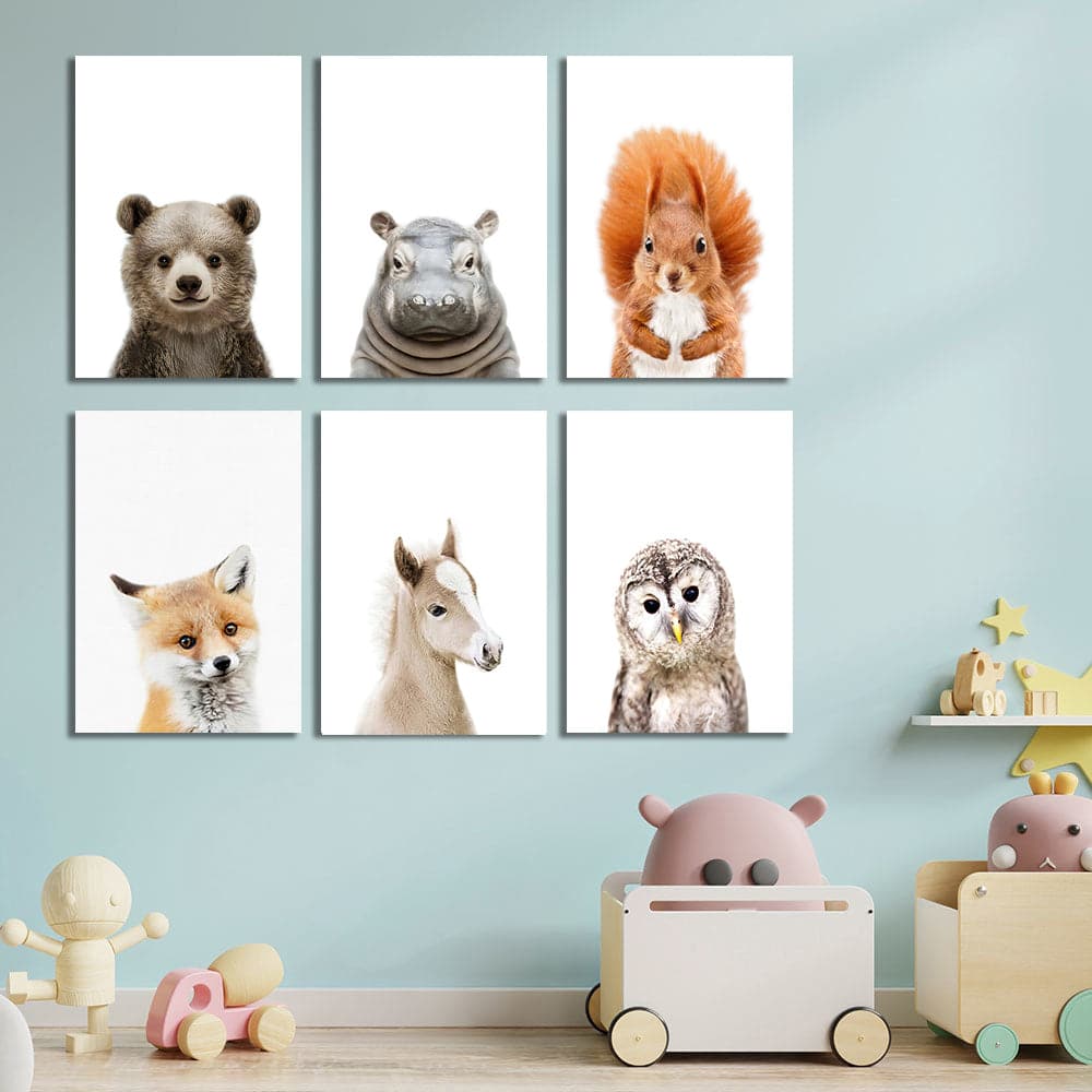 Pine Stretched  Framed 6 Panels - Kids Room - Set of Cute Animals