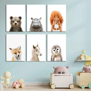 Pine Stretched  Framed 6 Panels - Kids Room - Set of Cute Animals