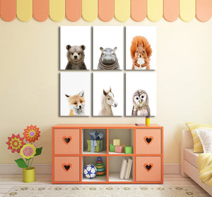 Pine Stretched  Framed 6 Panels - Kids Room - Set of Cute Animals