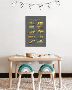 Pine Stretched  Framed 1 Panel  - Kids Room - Cute Construction Site Vehicles