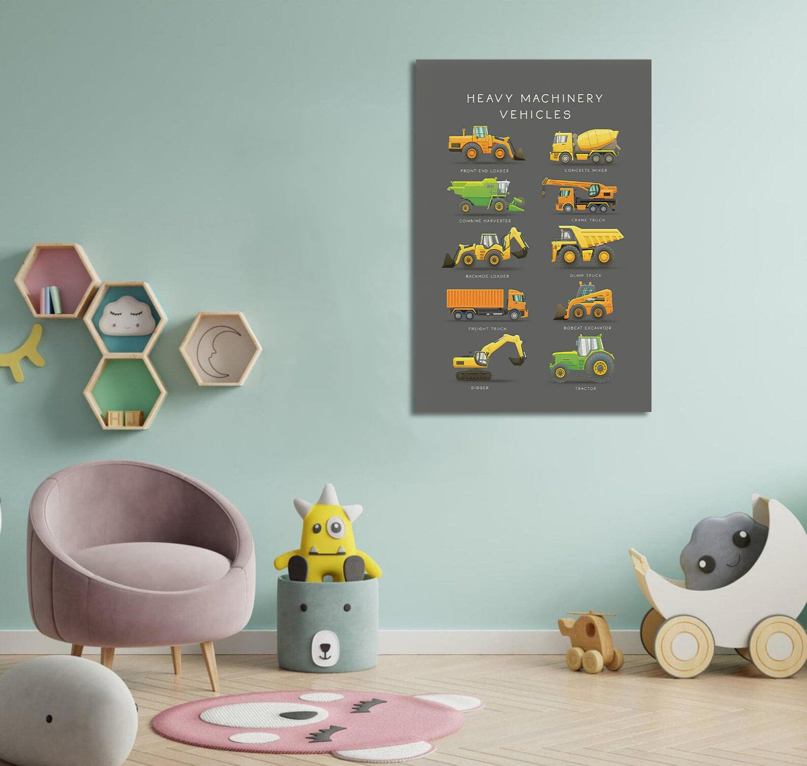 Pine Stretched  Framed 1 Panel  - Kids Room - Cute Construction Site Vehicles