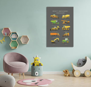 Pine Stretched  Framed 1 Panel  - Kids Room - Cute Construction Site Vehicles