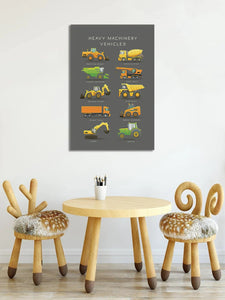 Pine Stretched  Framed 1 Panel  - Kids Room - Cute Construction Site Vehicles