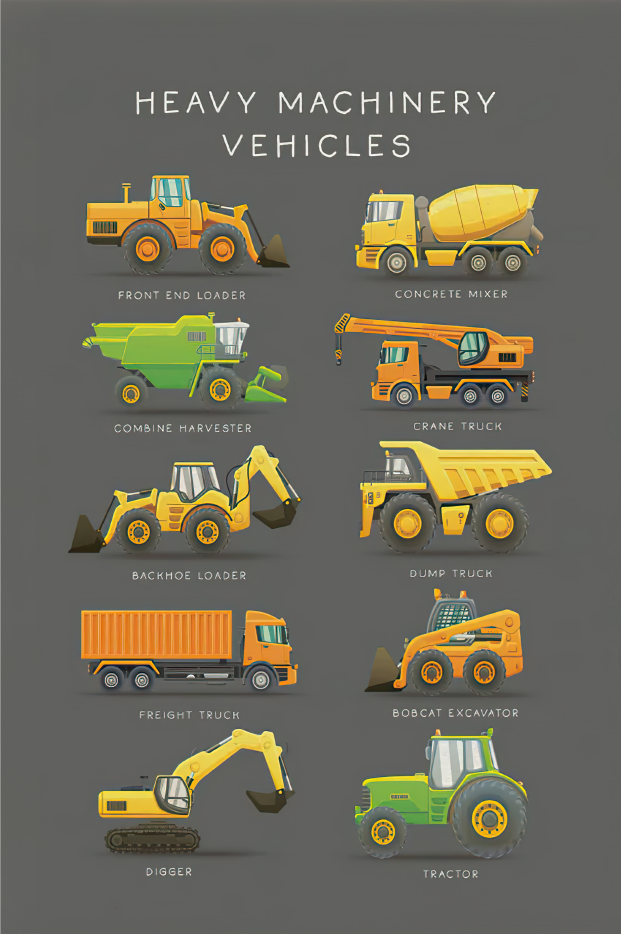 Pine Stretched  Framed 1 Panel  - Kids Room - Cute Construction Site Vehicles