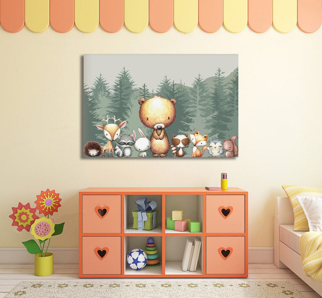 Pine Stretched  Framed 1 Panel  - Kids Room - Cute Forest Animals