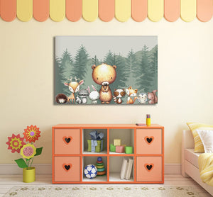 Pine Stretched  Framed 1 Panel  - Kids Room - Cute Forest Animals