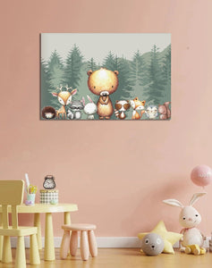 Pine Stretched  Framed 1 Panel  - Kids Room - Cute Forest Animals
