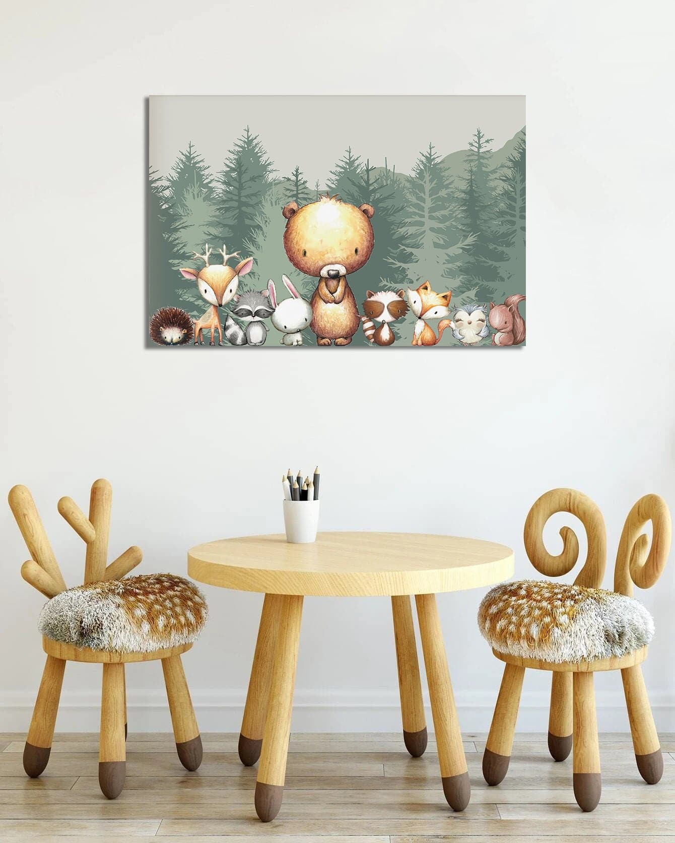 Pine Stretched  Framed 1 Panel  - Kids Room - Cute Forest Animals