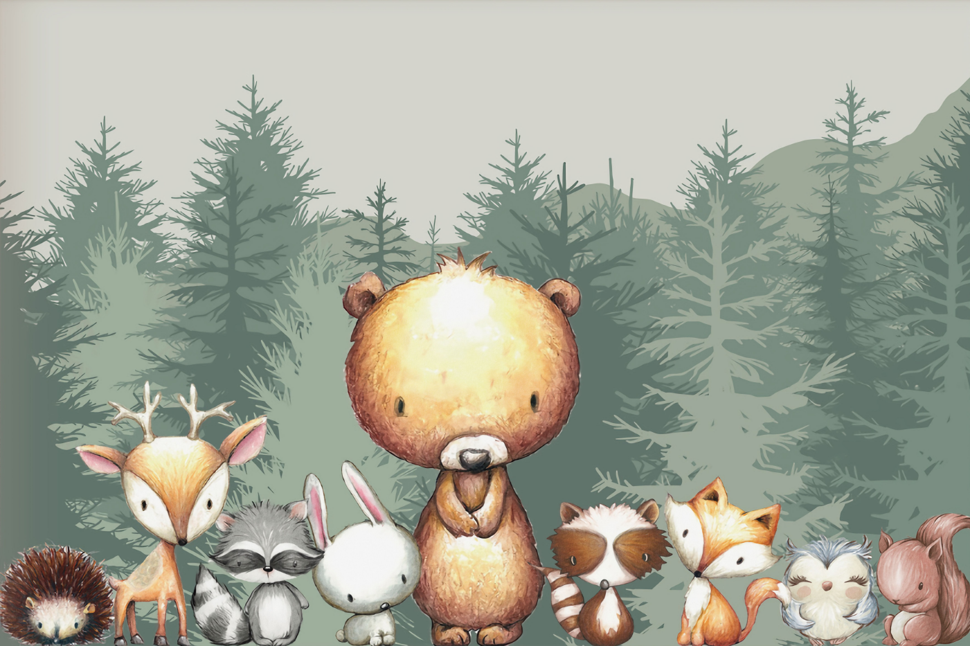 Pine Stretched  Framed 1 Panel  - Kids Room - Cute Forest Animals