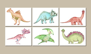 Framed 6 Panels - Kids Room - A Set of Cute Dinosaurs