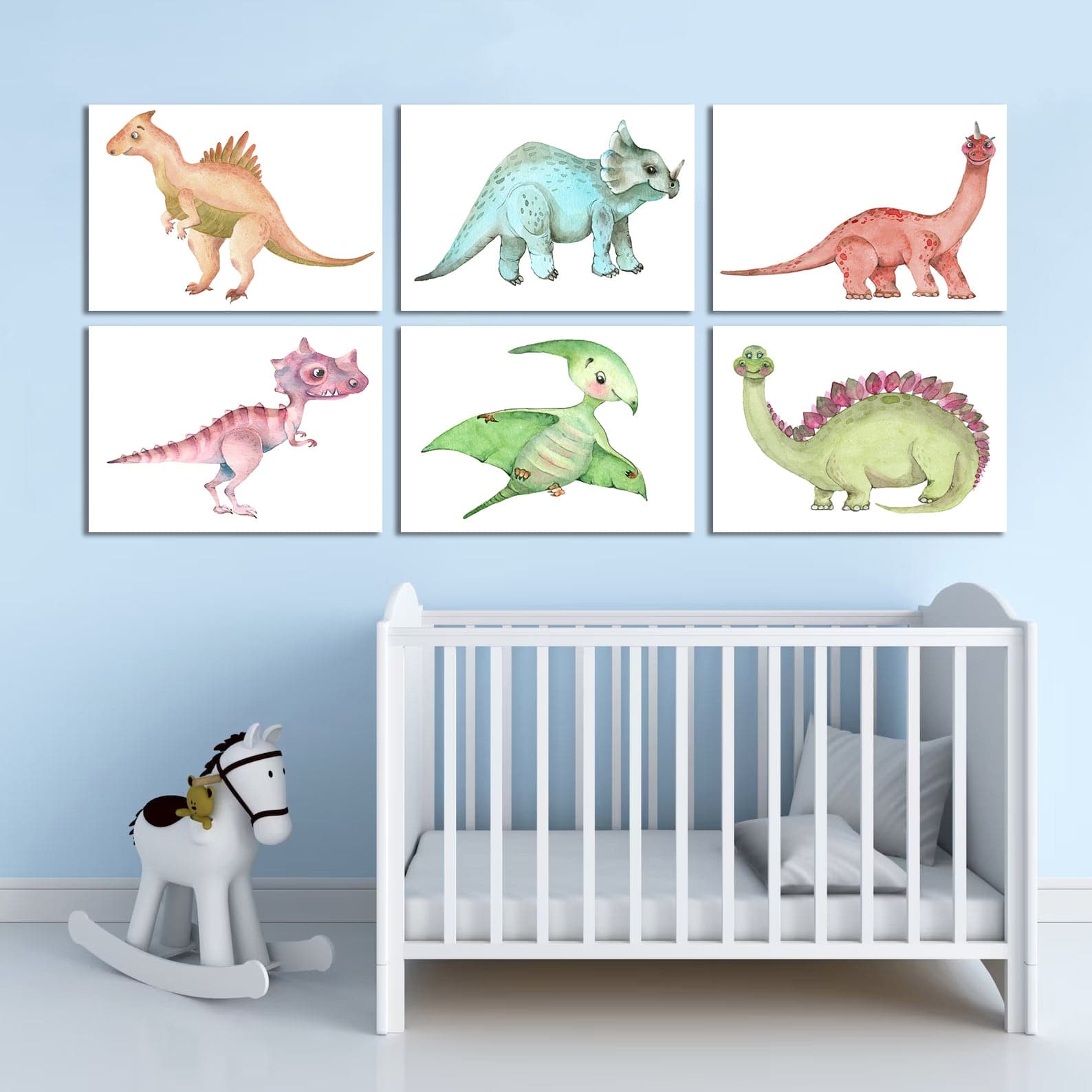 Framed 6 Panels - Kids Room - A Set of Cute Dinosaurs