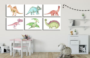 Framed 6 Panels - Kids Room - A Set of Cute Dinosaurs