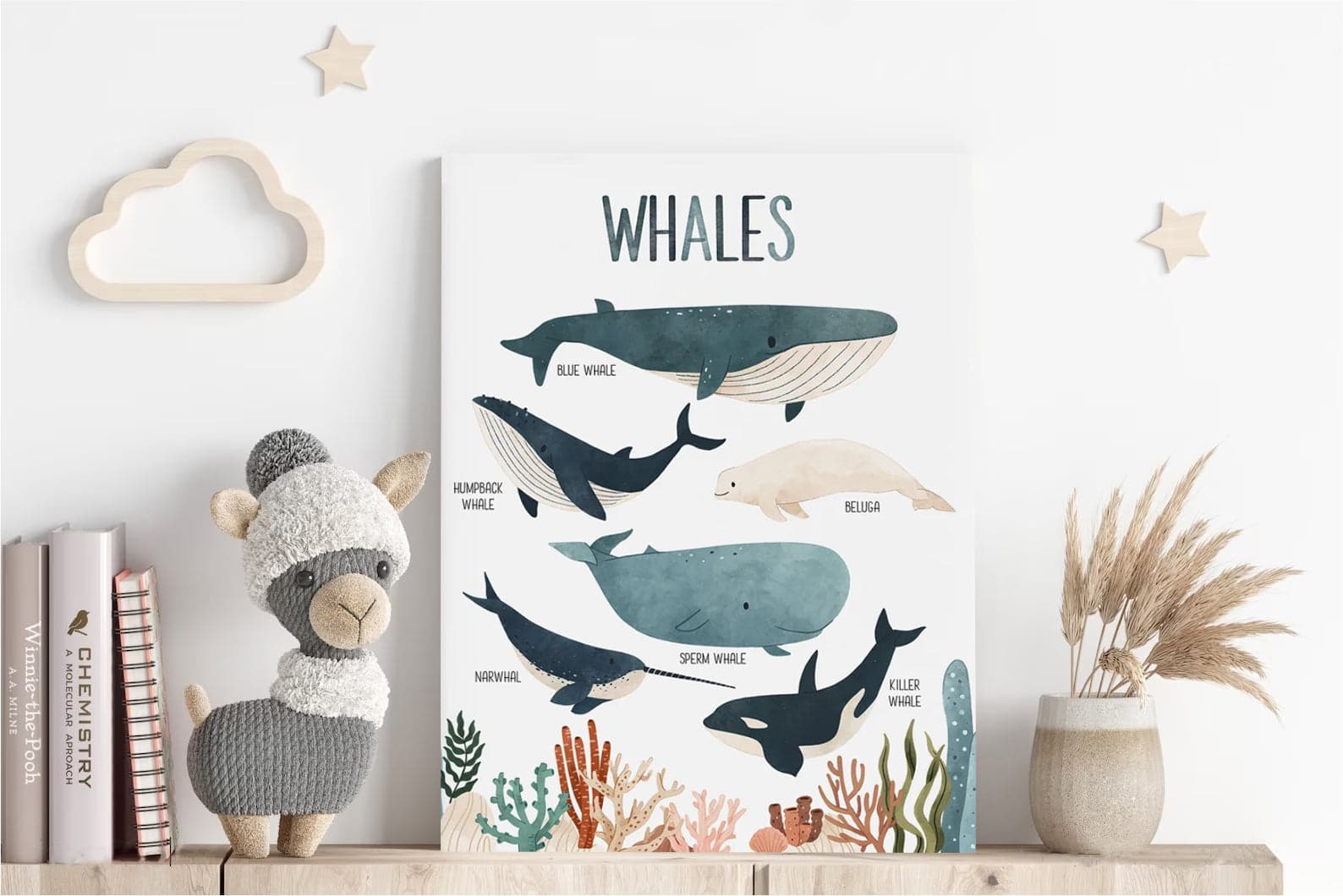 Pine Stretched  Framed 1 Panel  - Kids Room - Whales