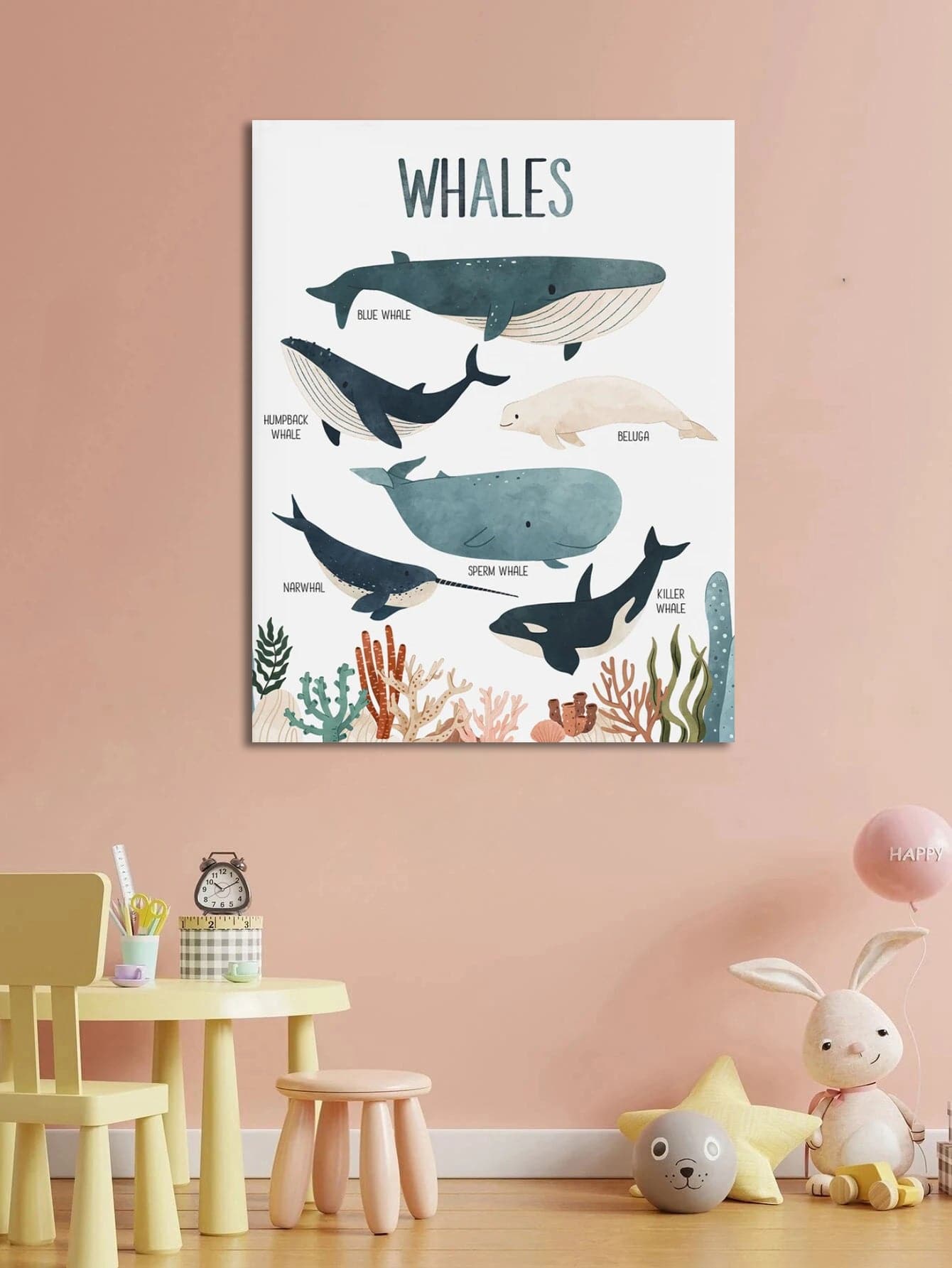 Pine Stretched  Framed 1 Panel  - Kids Room - Whales