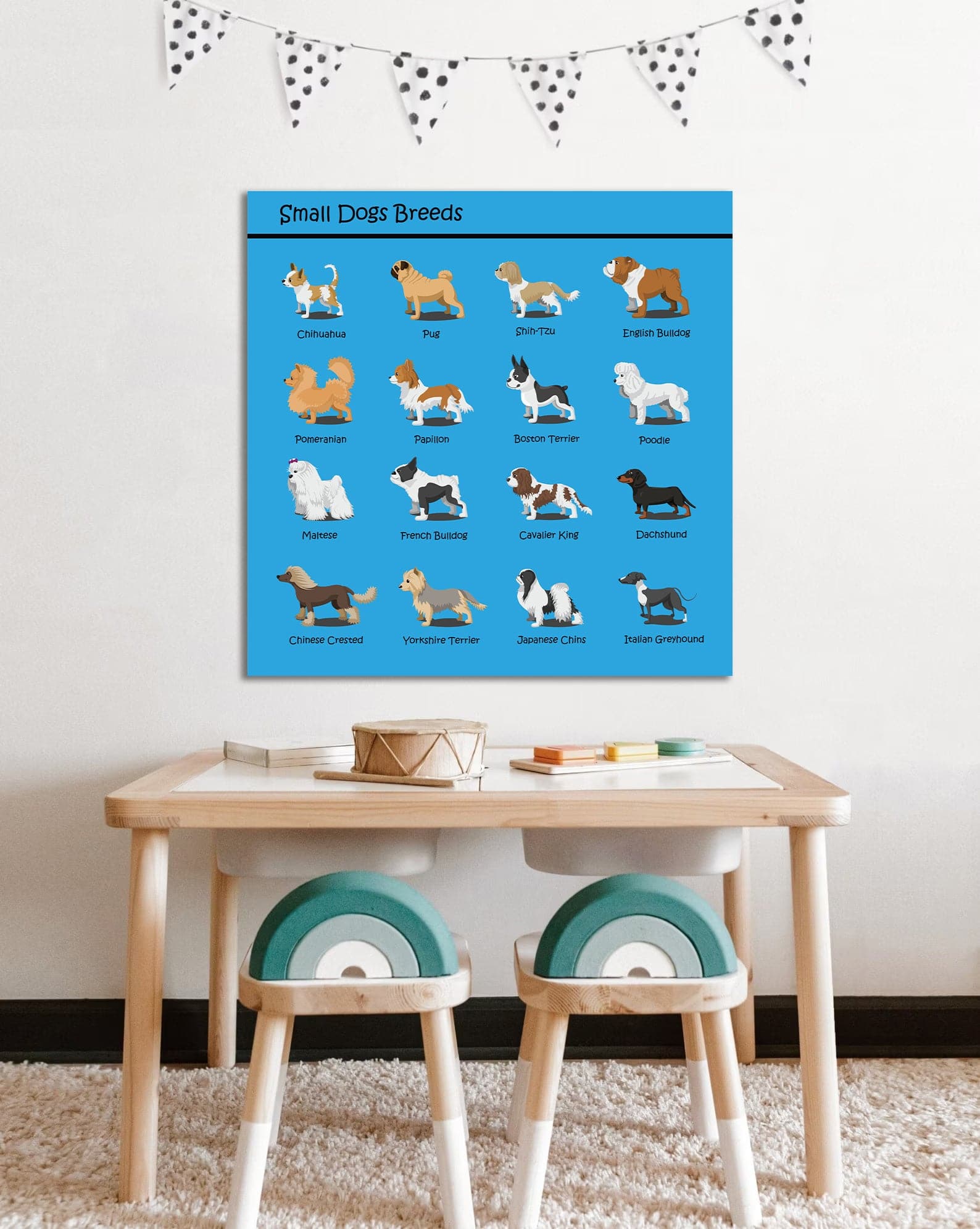 Pine Stretched  Framed 1 Panel - Kids Room - Small Dogs