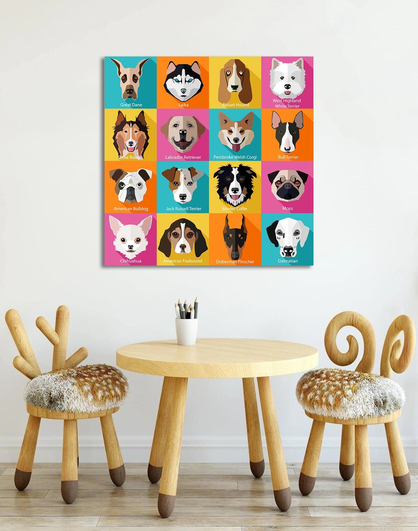 Pine Stretched  Framed 1 Panel - Kids Room - Popular Dogs