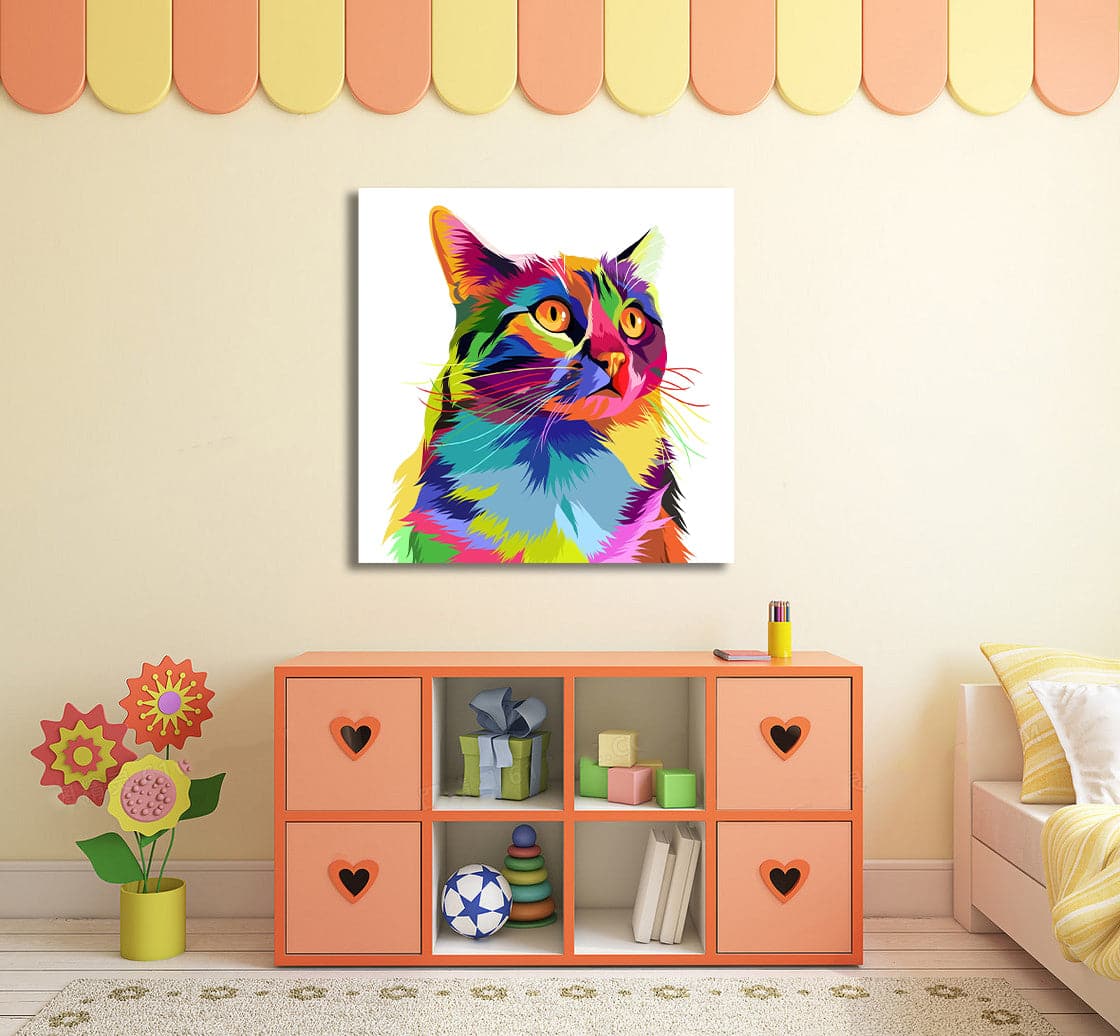 Pine Stretched  Framed 1 Panel - Kids Room - Rainbow Cat