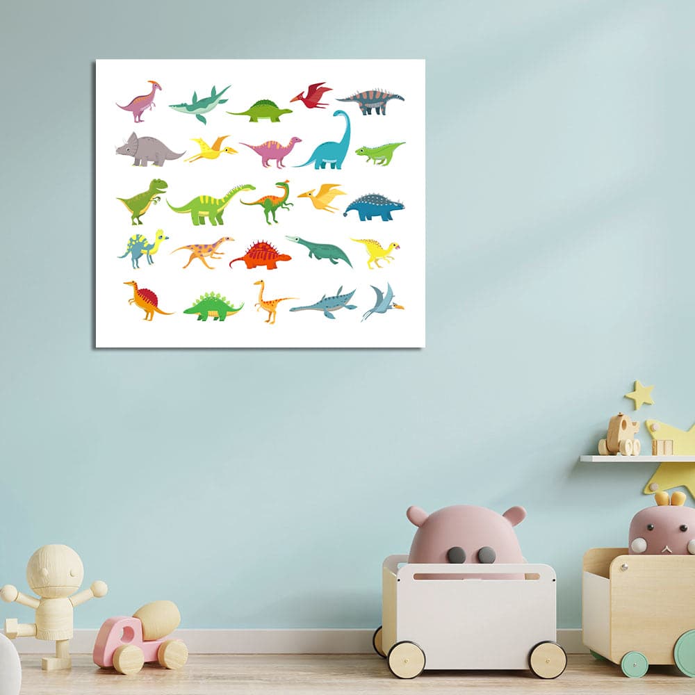 Pine Stretched  Framed 1 Panel - Kids Room - Cartoon Dinosaurs