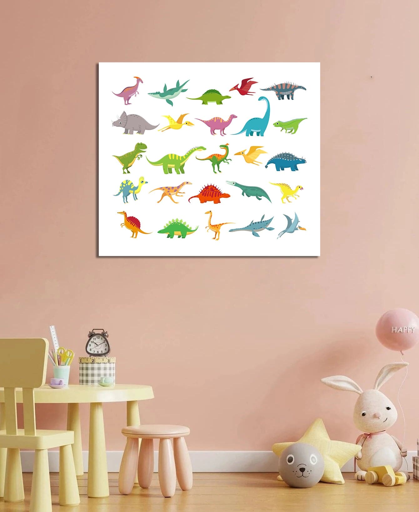 Pine Stretched  Framed 1 Panel - Kids Room - Cartoon Dinosaurs