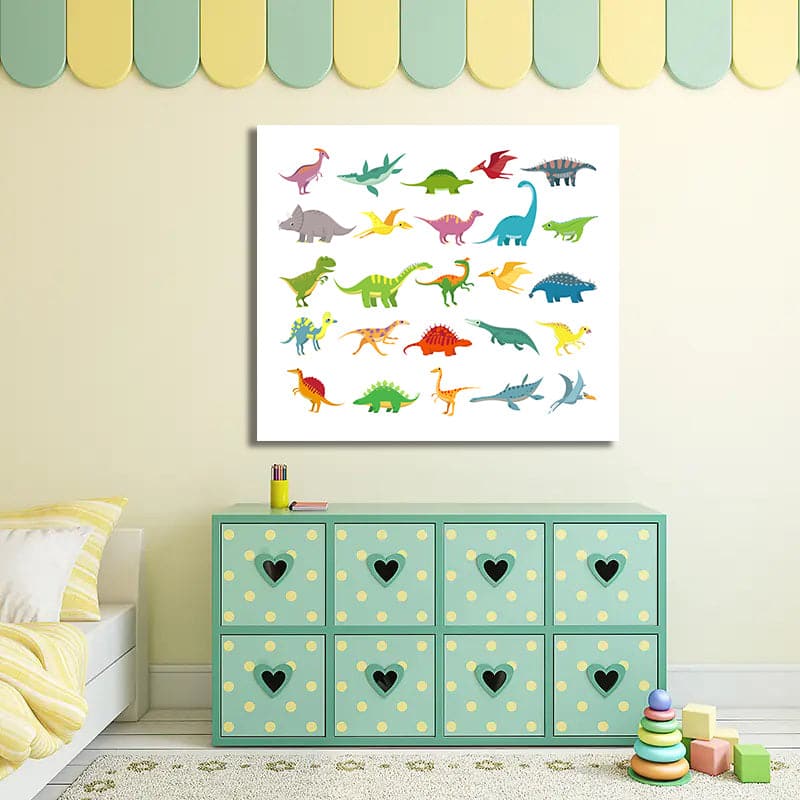Pine Stretched  Framed 1 Panel - Kids Room - Cartoon Dinosaurs