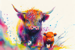 Pine Stretched  Framed 1 Panel  - Kids Room - Highland Cow and Baby Calf