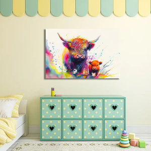 Pine Stretched  Framed 1 Panel  - Kids Room - Highland Cow and Baby Calf