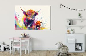 Pine Stretched  Framed 1 Panel  - Kids Room - Highland Cow and Baby Calf