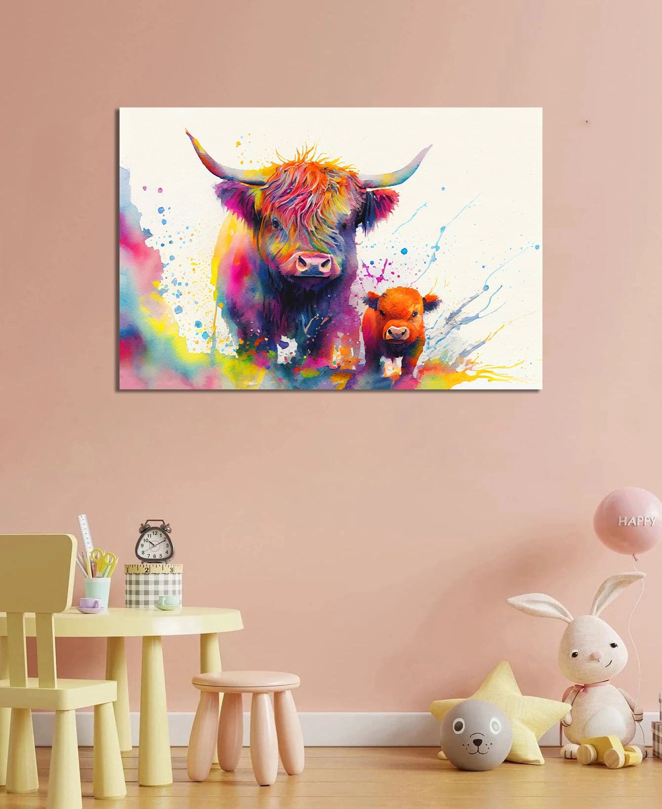 Pine Stretched  Framed 1 Panel  - Kids Room - Highland Cow and Baby Calf