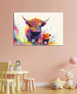 Pine Stretched  Framed 1 Panel  - Kids Room - Highland Cow and Baby Calf