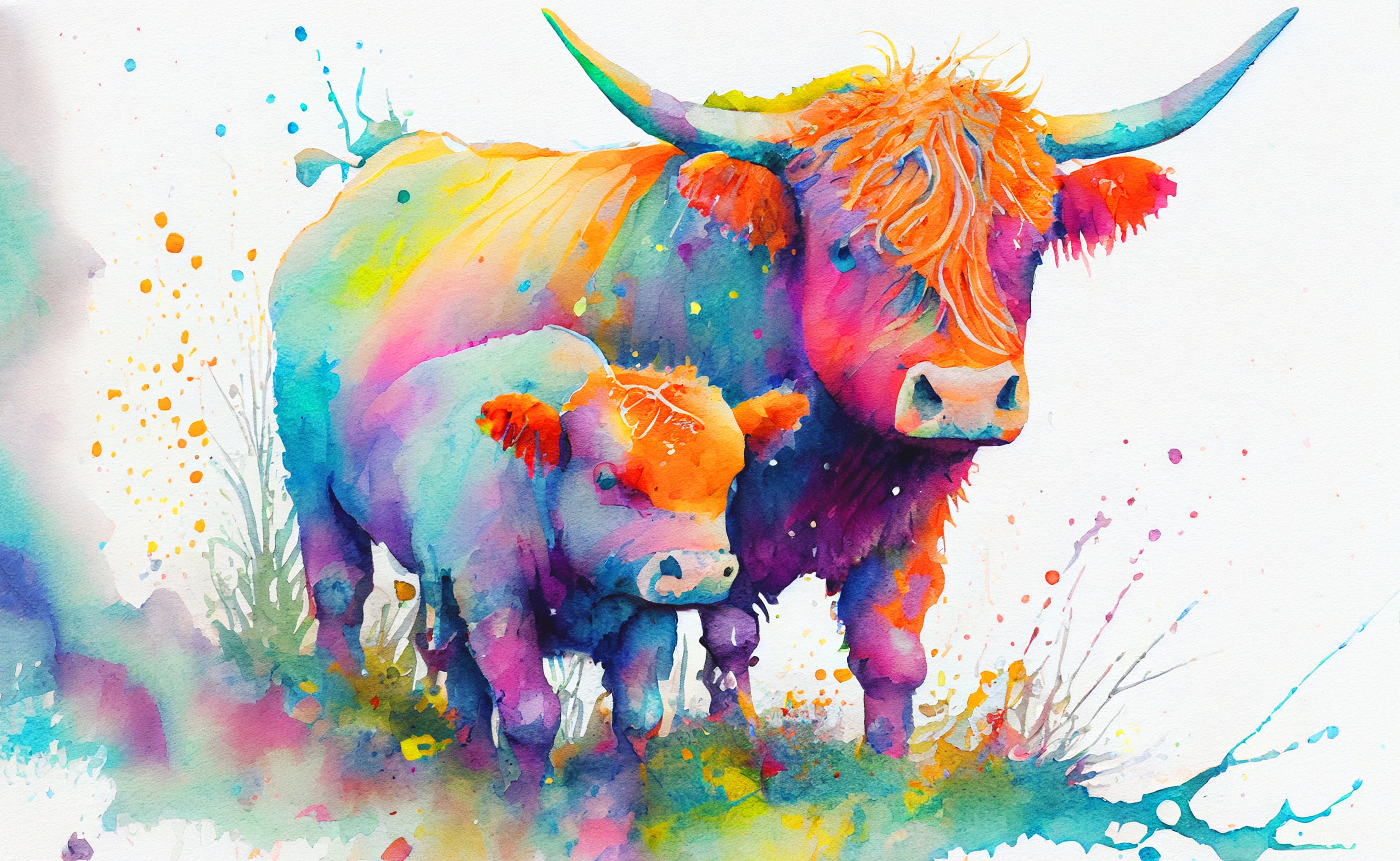 Pine Stretched  Framed 1 Panel  - Kids Room - Highland Cow and Baby Calf