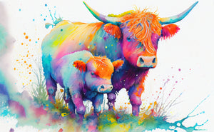 Pine Stretched  Framed 1 Panel  - Kids Room - Highland Cow and Baby Calf