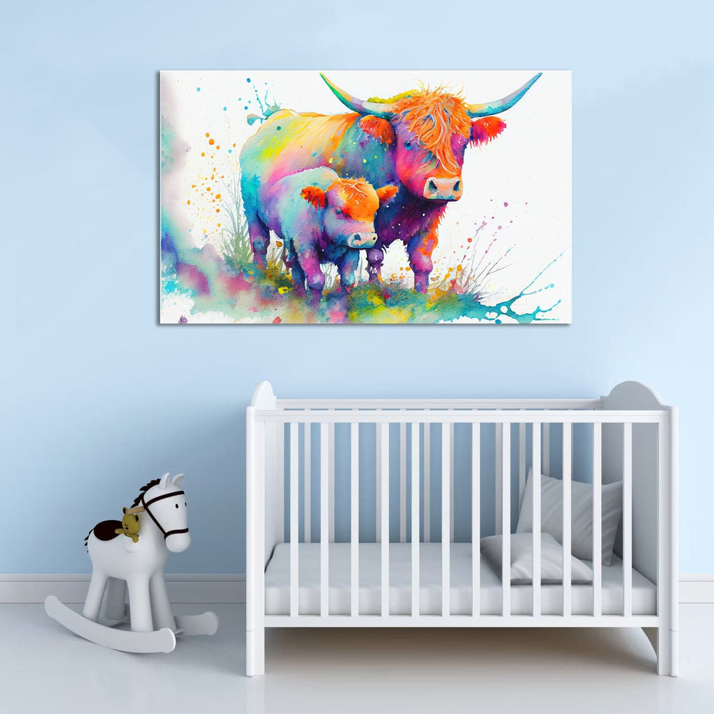 Framed 1 Panel  - Kids Room - Highland Cow and Baby Calf