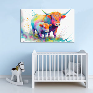 Pine Stretched  Framed 1 Panel  - Kids Room - Highland Cow and Baby Calf