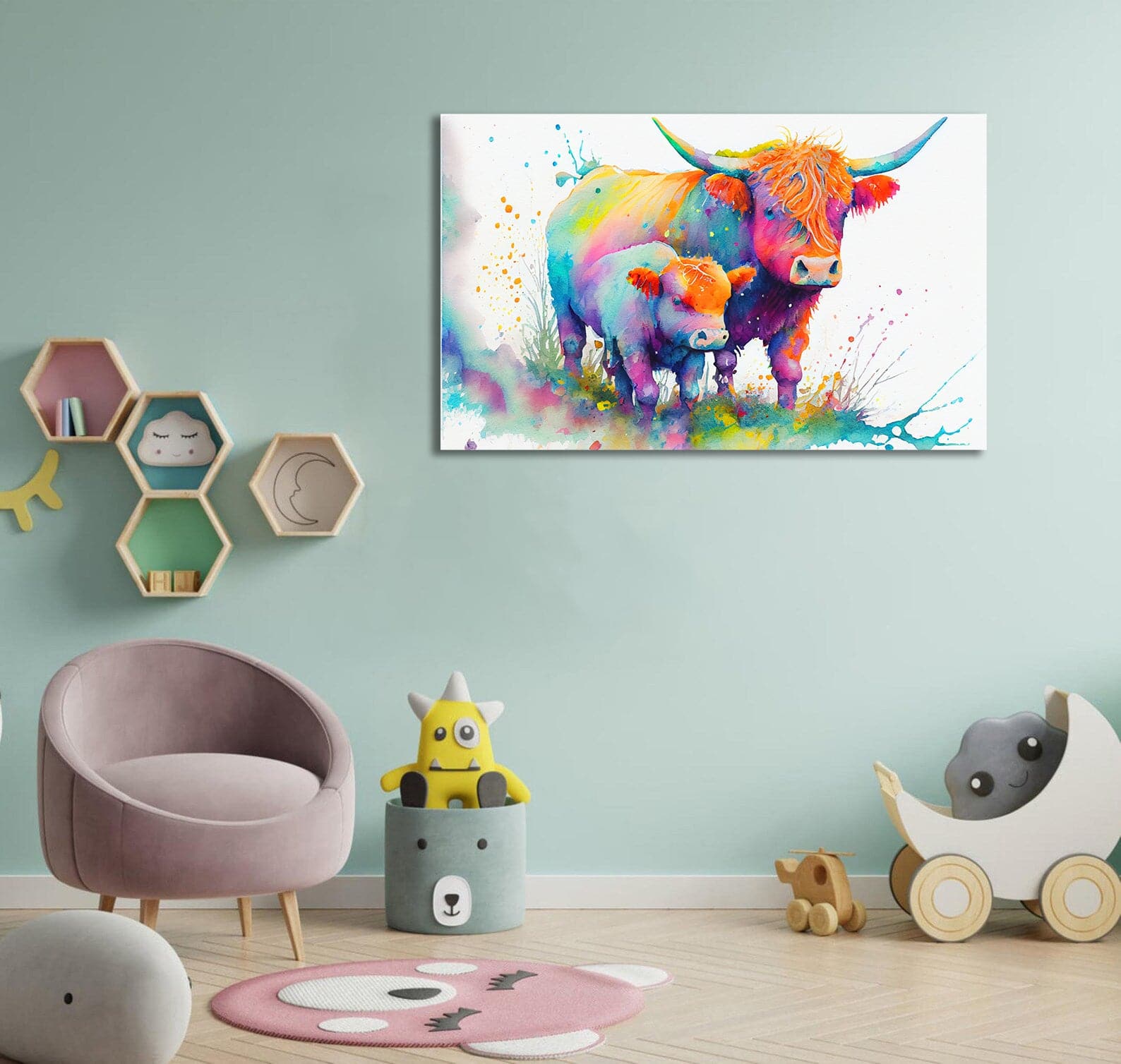 Pine Stretched  Framed 1 Panel  - Kids Room - Highland Cow and Baby Calf