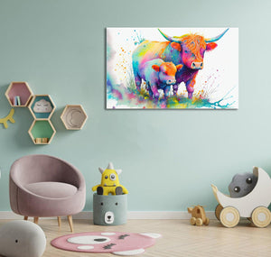 Pine Stretched  Framed 1 Panel  - Kids Room - Highland Cow and Baby Calf