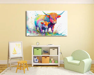 Pine Stretched  Framed 1 Panel  - Kids Room - Highland Cow and Baby Calf
