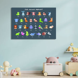 Pine Stretched  Framed 1 Panel  - Kids Room - Cute Animals Alphabet