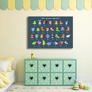 Pine Stretched  Framed 1 Panel  - Kids Room - Cute Animals Alphabet