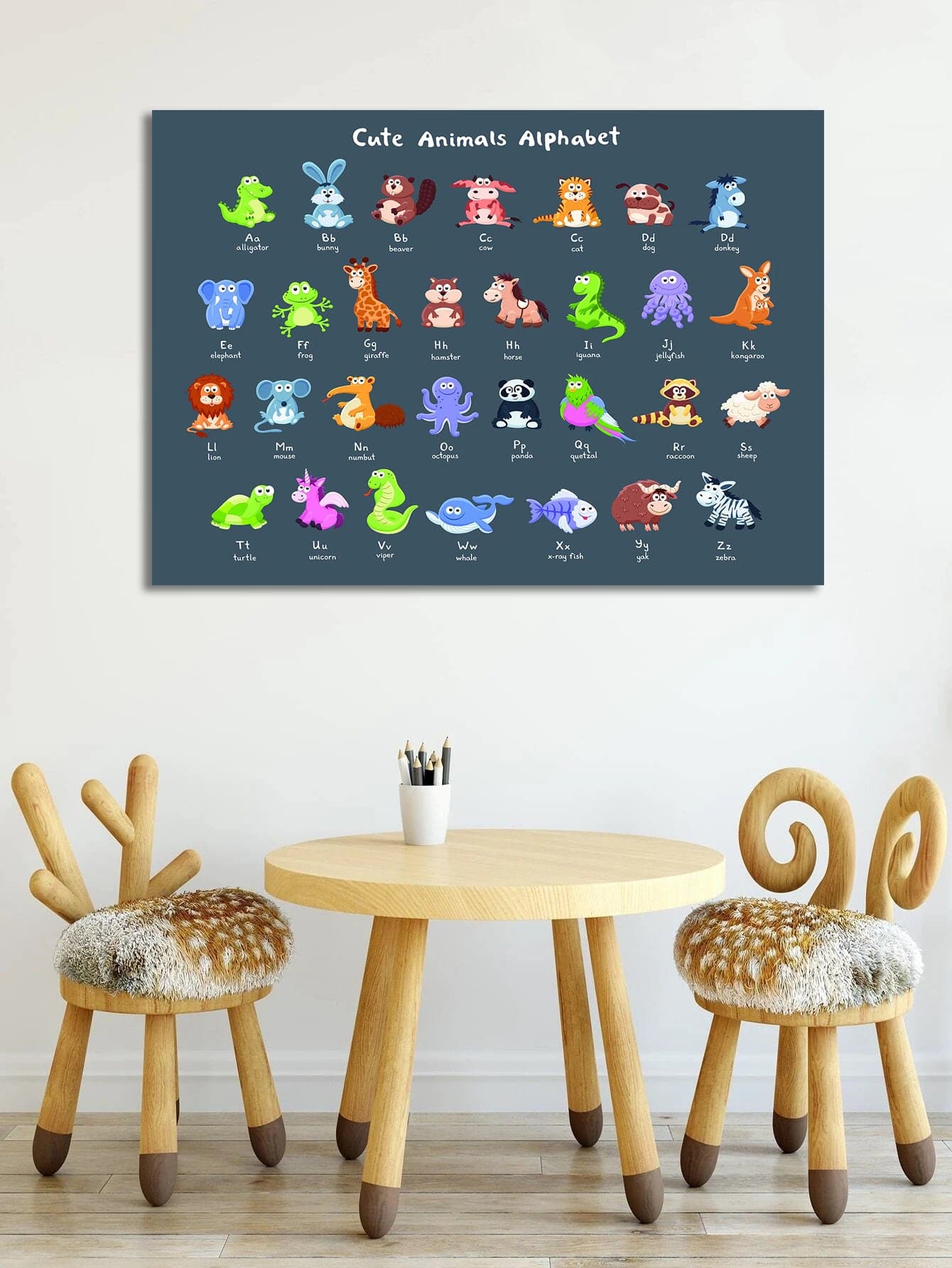 Pine Stretched  Framed 1 Panel  - Kids Room - Cute Animals Alphabet