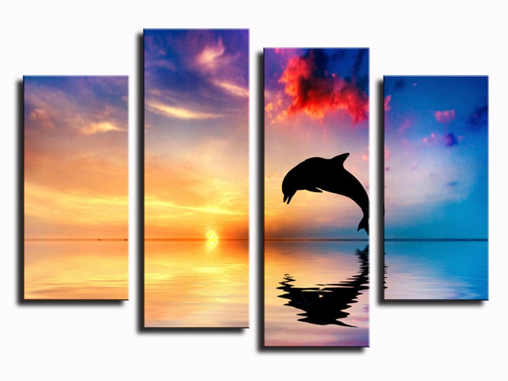 Pine Stretched  Framed 4 Panels - Dolphin